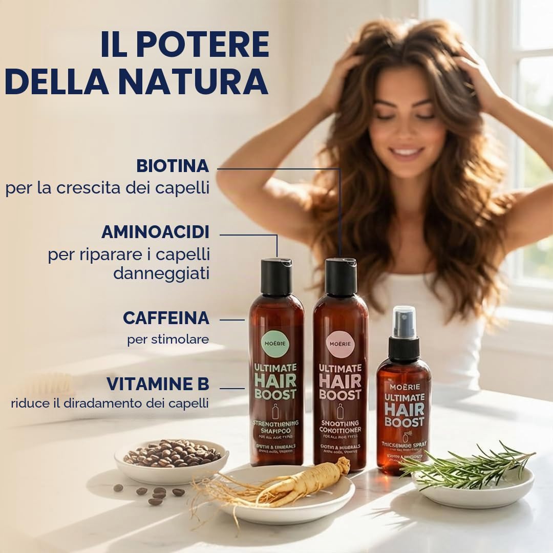 Moerie Mineral Shampoo e Balsamo Plus Hair Spray Mega Pack - Il set definitivo per la cura dei capelli - Per capelli più lunghi, spessi e pieni - Prodotti vegani per capelli - Prodotti senza parabeni