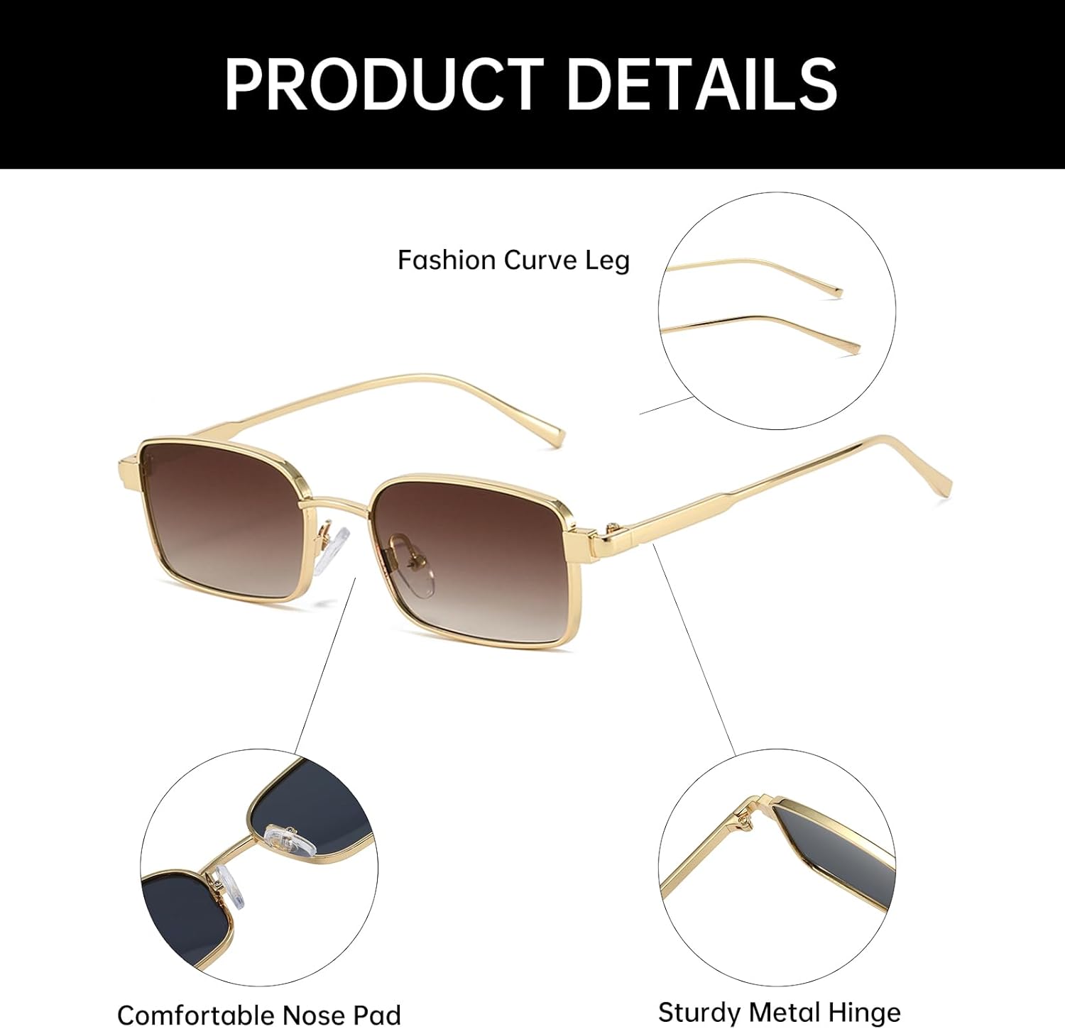 YAMEIZE Retro Small Gold Rectangle Sunglasses Women Men Narrow Square Metallic Sunglasses Vintage 90s Metal Frame - Image 4