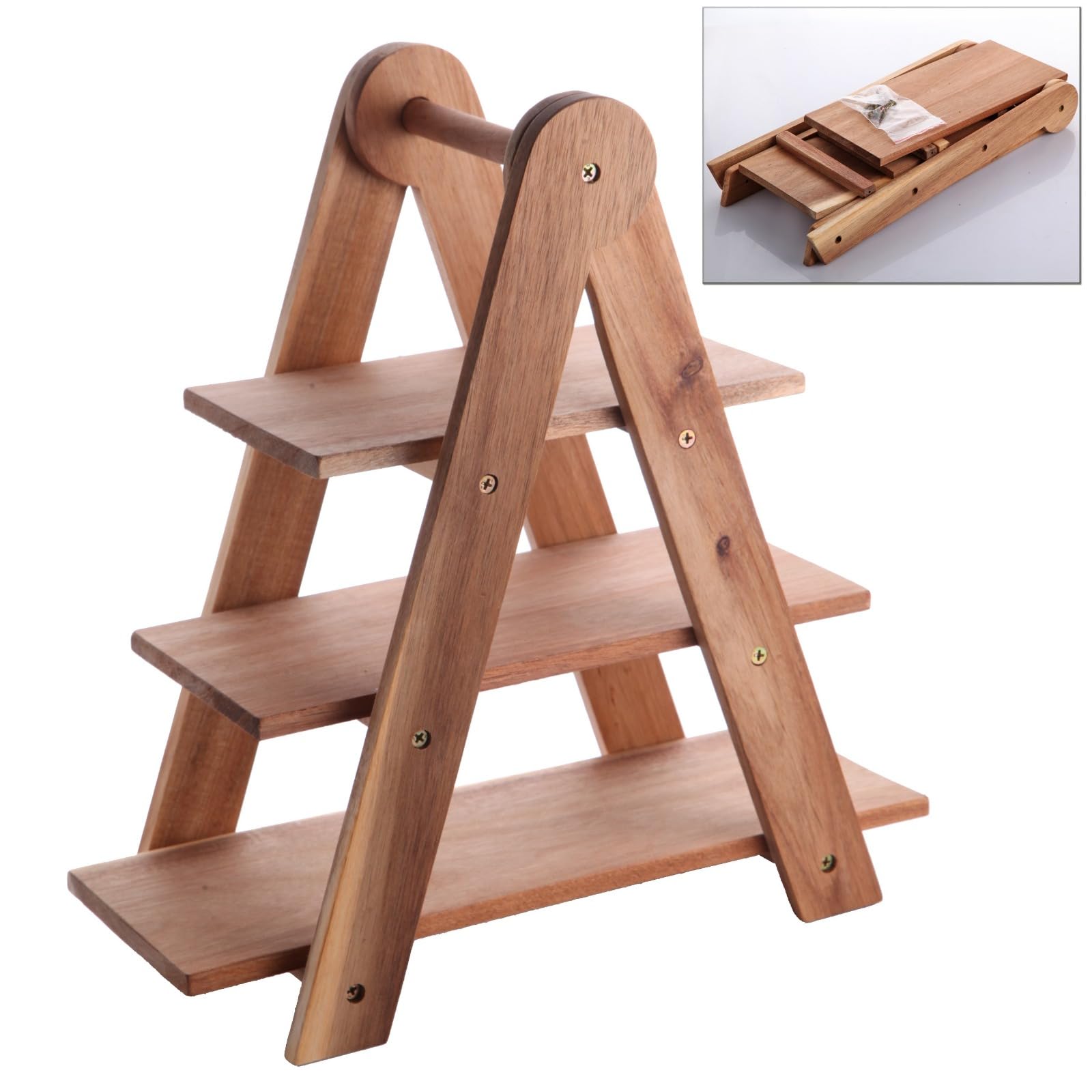 Deconox Doğal Akasya Ahşap 3 Katlı Sunum Standı - 37x12.3x37.5 cm Çok Amaçlı Katlı Servis Tepsisi, Kurabiyelik ve Peynir Sunumluğu