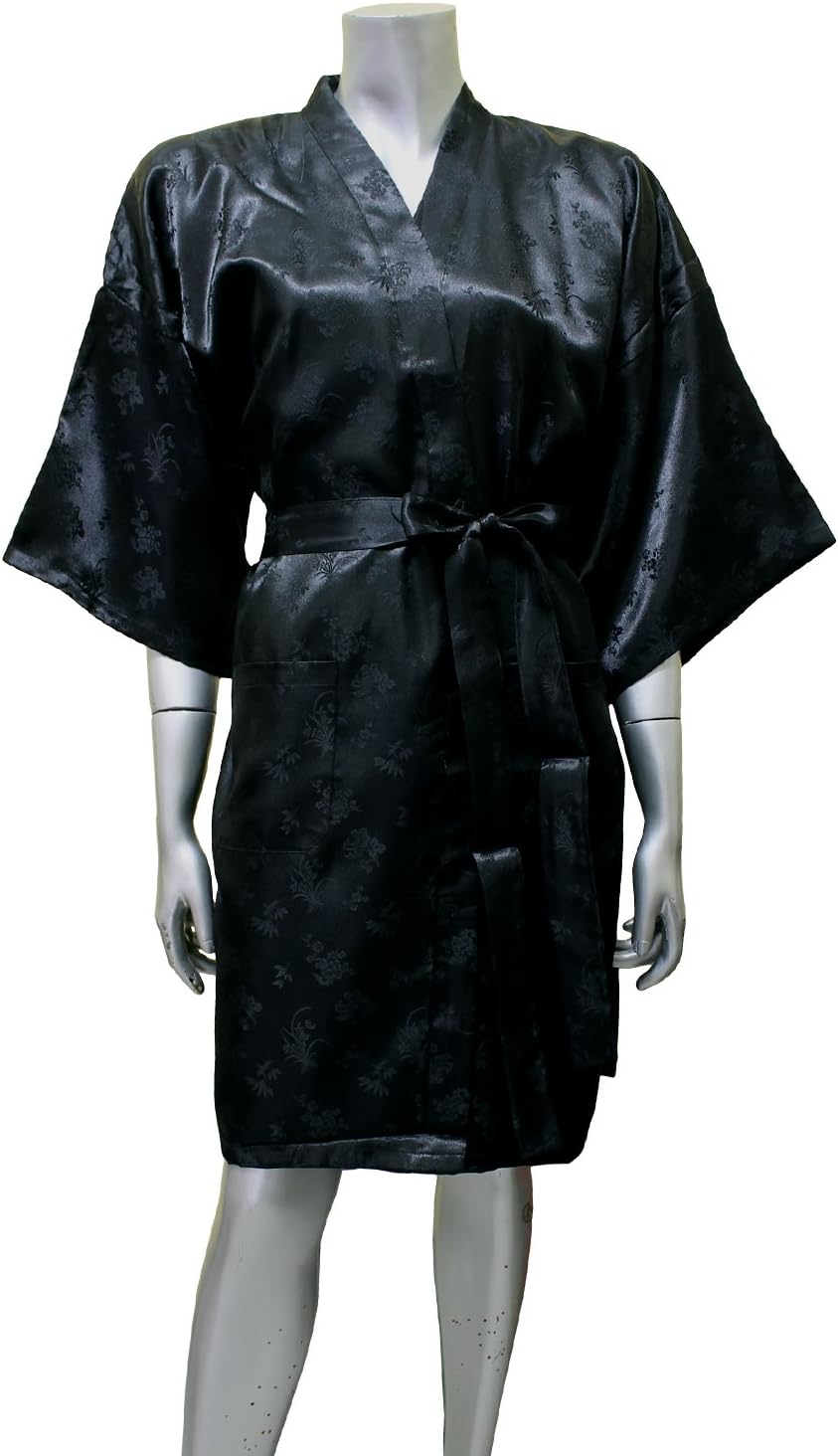 Kimono Satin Silk Robe Bathrobe for Women (Short) - Black