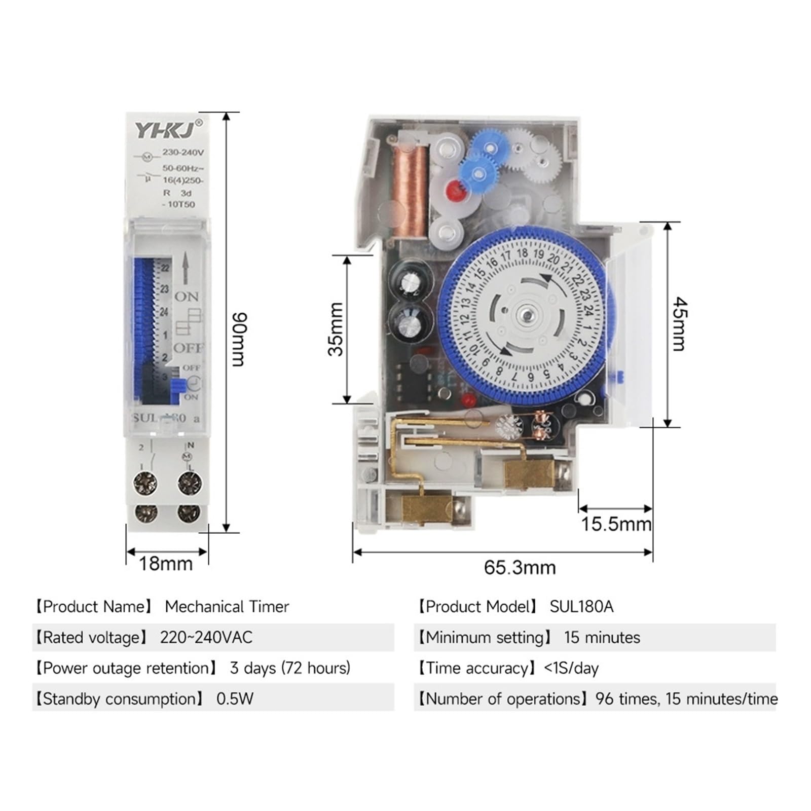 Temporizador mecánico SUL180A for riel DIN, 24 Horas, relé analógico, programable, batería de 220 V, 16 A.