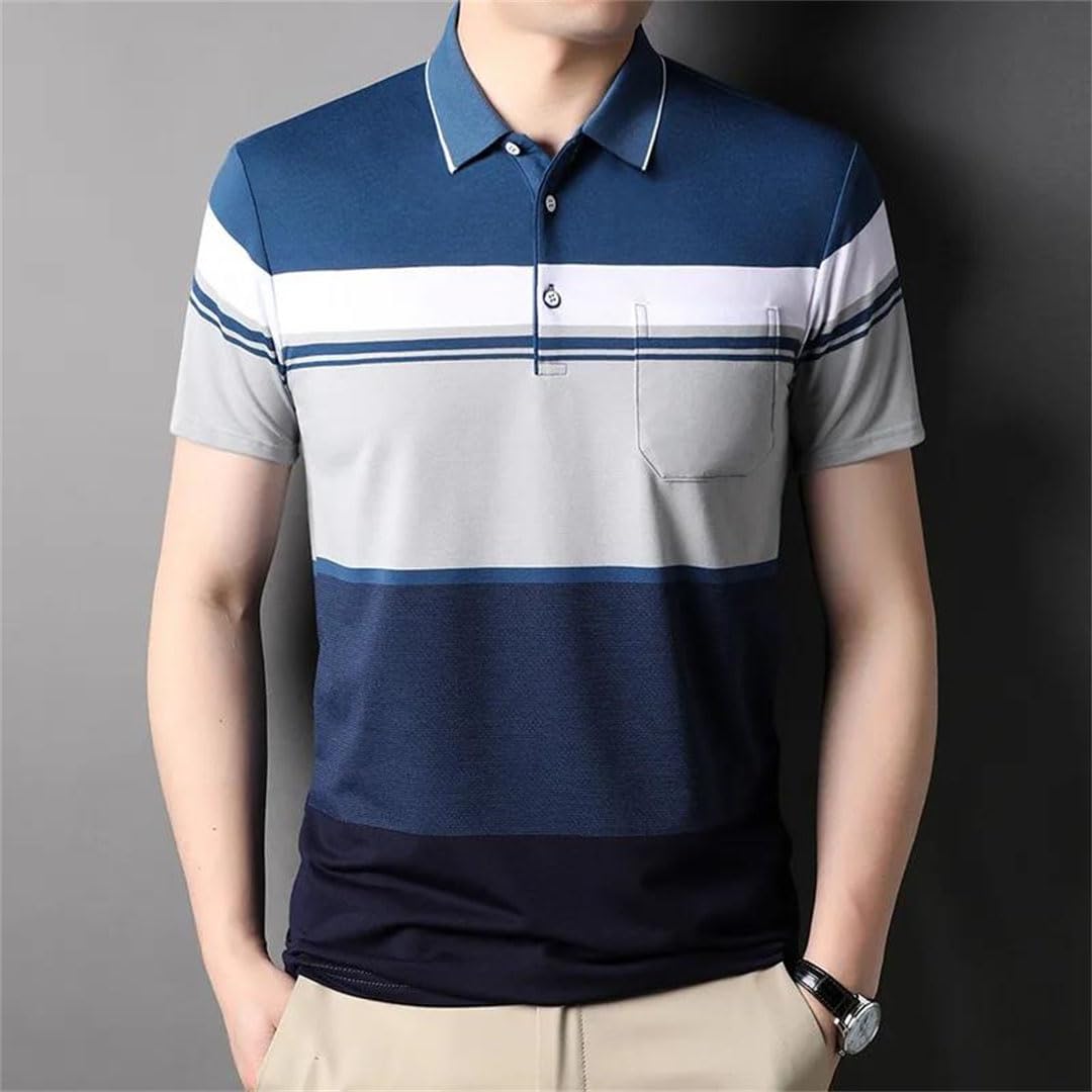Polo de manga corta para hombre con paneles de solapa y bolsillo con botones, retazos, holgado, a rayas, parte superior delgada, rosso, 3XL