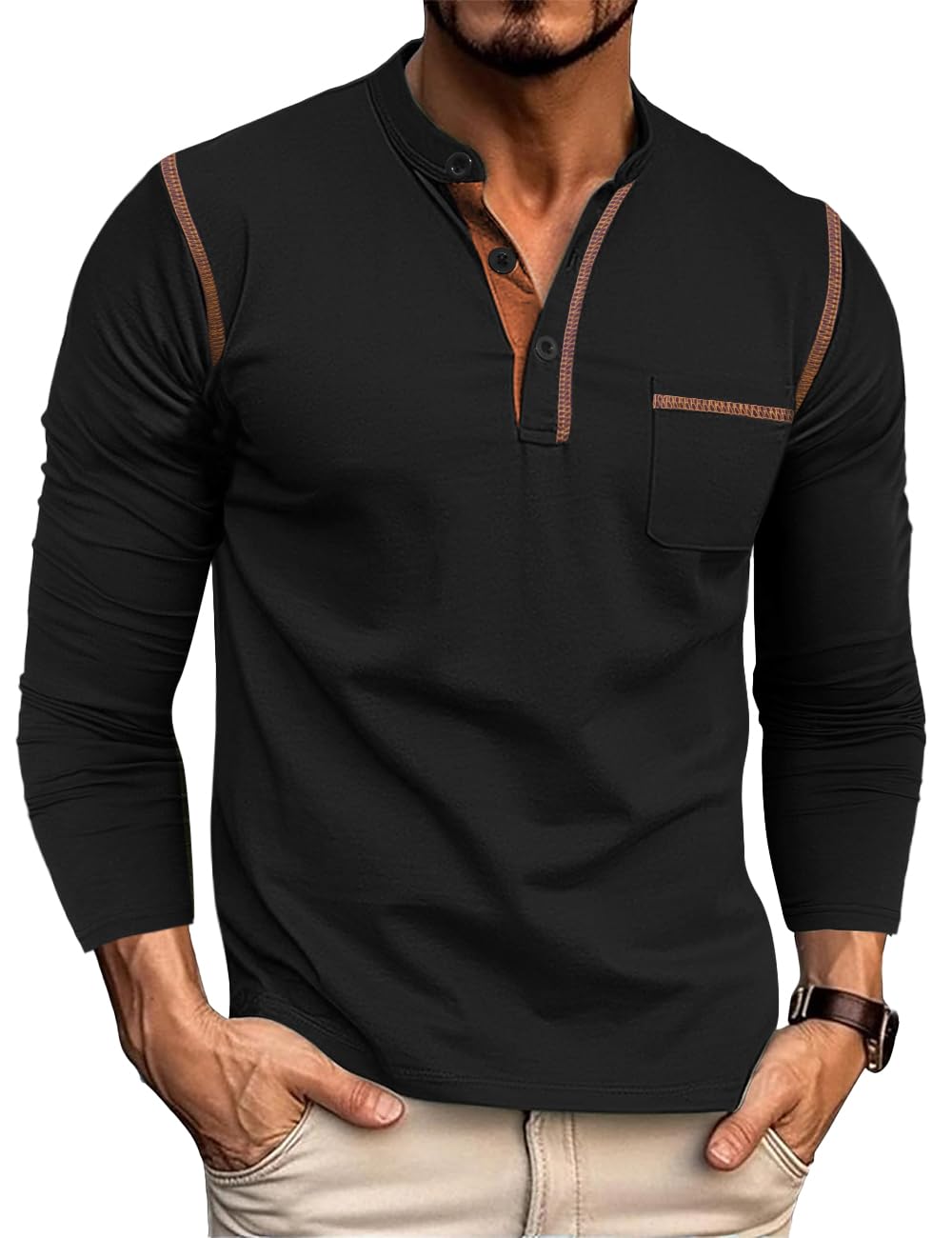 QOSOQ Men's Henley Shirt Long Sleeve T-Shirt Casual Top Pullover Lightweight Top Shirts with Button
