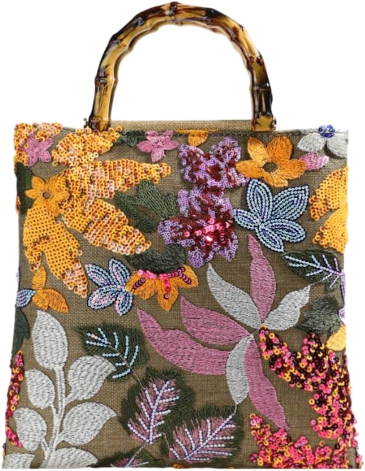 Sequin Embroidered Floral Tote Bag Women Summer Beach Bag Hobo Shoulder Handbag with Bamboo Handle for Vacation Travel