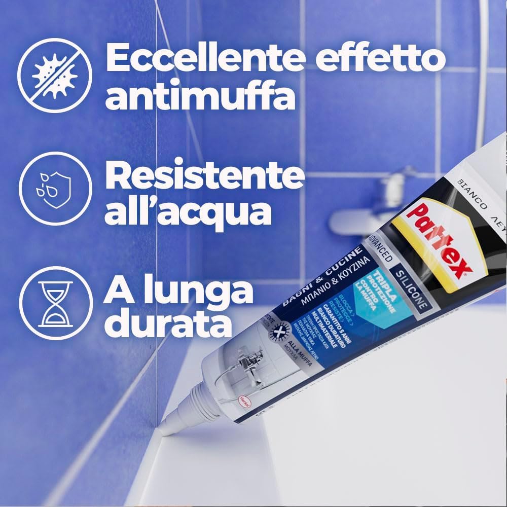 PATTEX Sigillante Bianco Bagni&Cucine 3x Protection, Silicone Bianco per Bagno Antimuffa, Silicone Impermeabile, Flessibile e a Lunga Durata, 1 Tubo da 50 ml