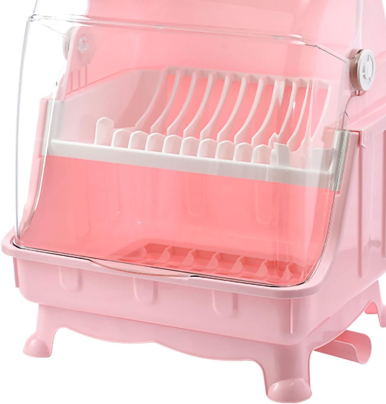 Dish Drying Rack, Bottle Dryer Holder with Cover Lid and Removable Drainboard, Utensil and Cup Holder for Kitchen Counter, Dish Dryer Shelf, Medium Size, 16 x 13 x 18.3 Inch (Pink)