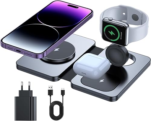 Oramkyo Estación de carga 3 en 1, estación de carga inalámbrica, carga inalámbrica magnética rápida de 15 W para iPhone serie 15141312, serie iWath,