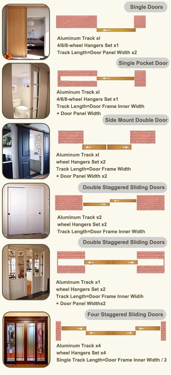 Kit de herrajes para puerta corredera para puertas de garaje de granero, plegables y techos con soporte de riel y ruedas