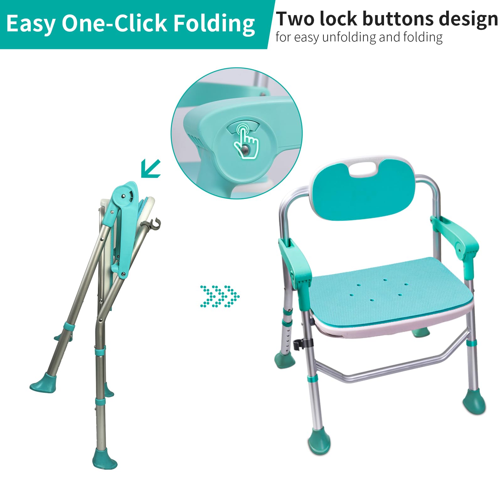 ENLUNTRA Silla de ducha con brazos y respaldo, silla de ducha plegable de 5 niveles ajustable, asiento de ducha antideslizante para ancianos, discapacitados, embarazadas