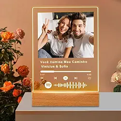 Placa de Música em Acrílico Personalizada, Com Código de Barras do Spotify - Presente Único para Namorado(a) ou Casal, Luz Quente + Caixa