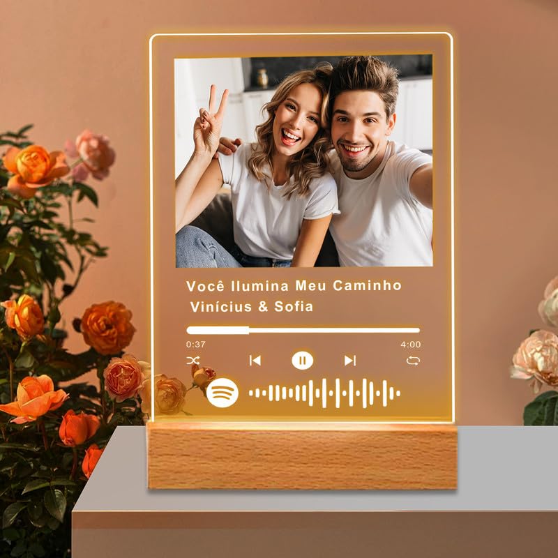 Placa de Música em Acrílico Personalizada, Com Código de Barras do Spotify - Presente Único para Namorado(a) ou Casal, Luz Quente + Caixa