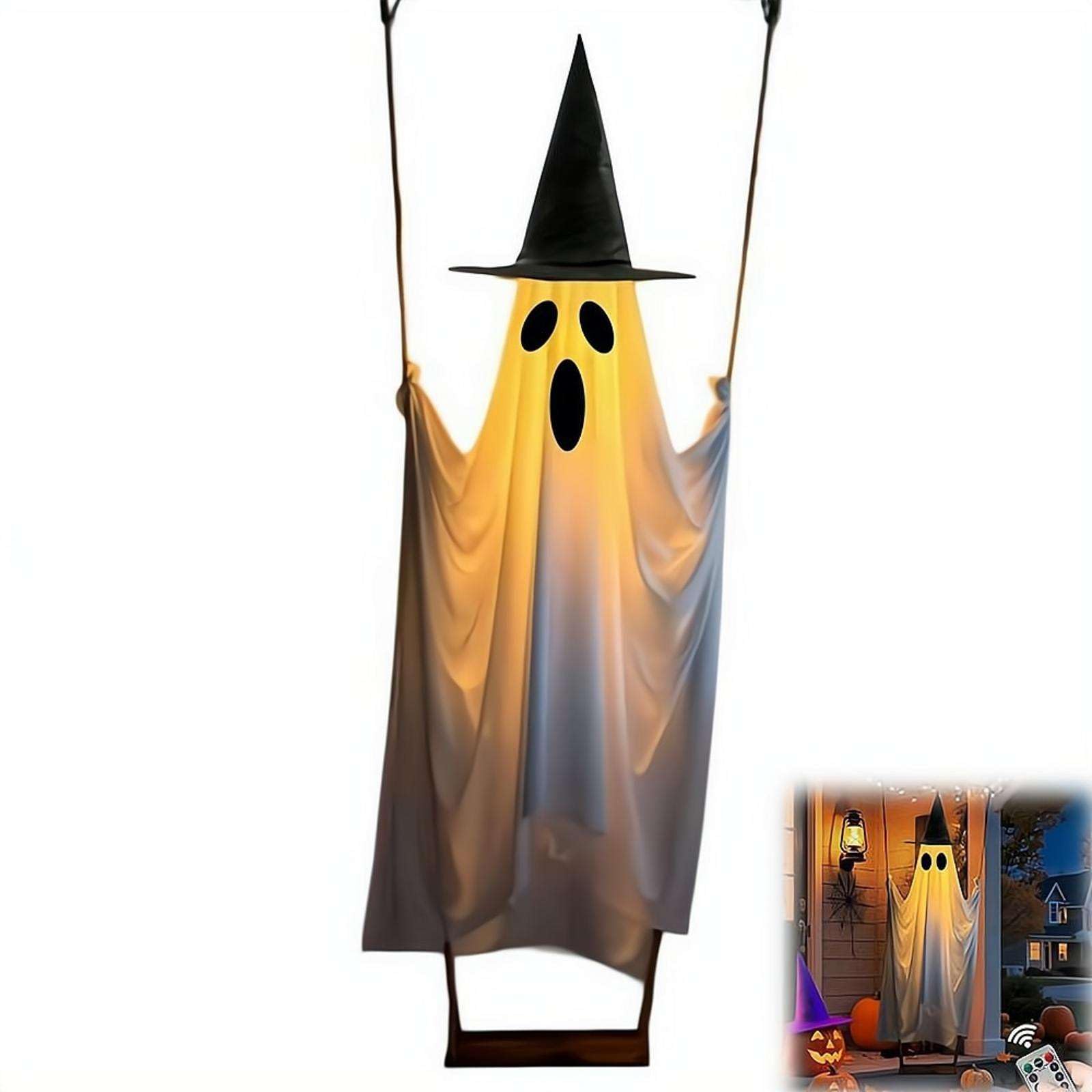Halloween Swinging Ghost Decorations Outdoor, 4.75FT Large Hanging Ghost with String Lights, Scary Ghost Halloween Party Decor for Tree Porch Yard Garden Lawn