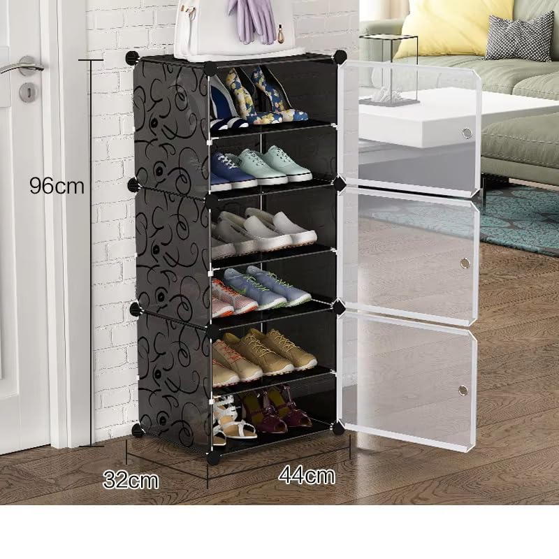 Image of LUHI Premium Modular Plastic Shoe Rack for Home with Door | 6-Tier Stackable Shoe Organizer | Waterproof & Dustproof | Space Saving Storage for Home, Bedroom & Entryway [Black T2, 6-Shelf-3-Door]