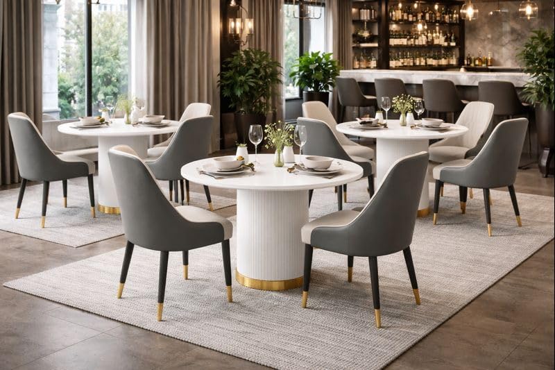 Image of 4 Seater Dining Table Set with 4 Chairs, Round Marble Dining Table (91x91x76 cm) - White Marble Top, Solid Wooden Base, Upholstered Chairs with Sheesham Wood Legs - Grey & Cream
