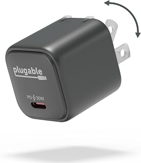 Plugable GaN USB C Charger Block, 30W Portable Charger, Foldable Prongs, PPS USBC Fast Charger for iPhone 15, iPad Pro, Samsung Galaxy S23 and More (Cable Not Included) - Black