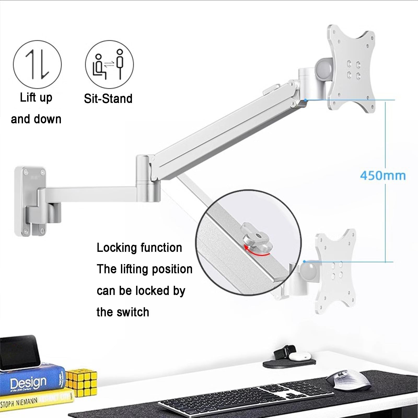 Soporte de pared ajustable para laptop, soporte ventilado portátil con bandeja de aluminio, posición de elevación bloqueable, soporta 3-6 kg, ideal para uso en oficina y estación de trabajo