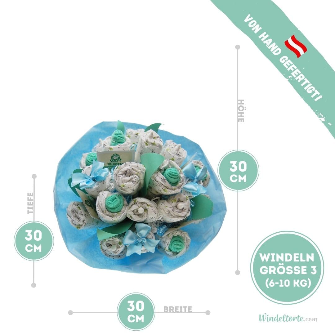 Strauß Bukett [BLUMENSTRAUSS] - Geschenk zur Geburt - Babyparty - Pullerparty - Windeln - Baby Geschenk - Torte kaufen (Junge/Bub/Blau)