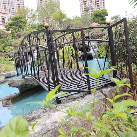 Zurssar 8 Ft Metal Garden Bridge with Gate and Safety Patterned Siderails, Outdoor Decorative Extra Long Iron Garden Arch Bridge Footbridge, Easy Assembly and Durable Cover