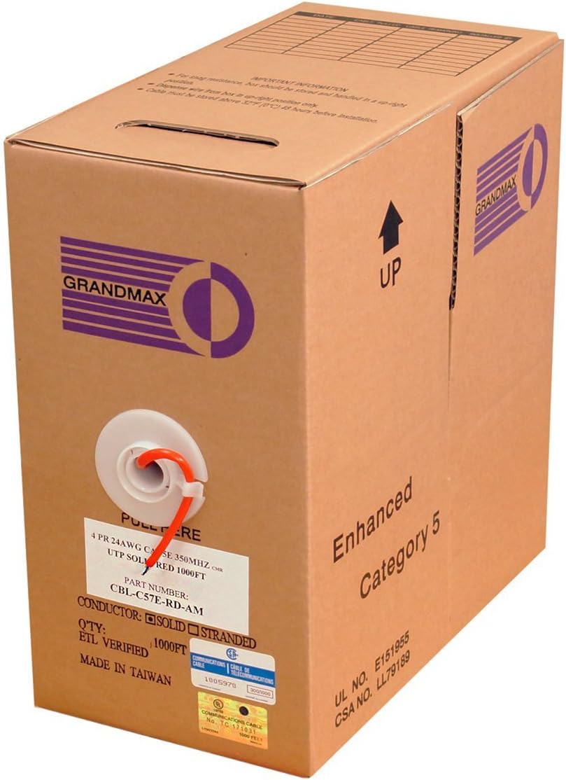 GRANDMAX CAT5e 350MHz Solid Ethernet PVC Bulk Cable, 1000ft, Wire UTP Pull Box, CMR Rated, 100% Copper, 4 Pair, 24 AWG/ 1000FT/ RED