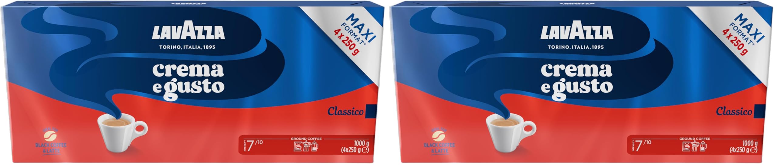 Lavazza, Crema e Gusto Classico, Café Molido Natural, 4 x 250 g, para Cafetera Italiana, de Filtro y Francesa, con Notas de Especias, Arábica y Robusta, Intensidad 7, Tueste Oscuro, Amazon Exclusive