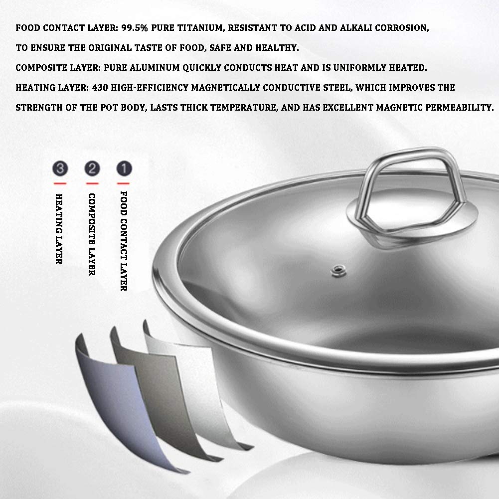 Woks Y Sartenes, Wok De Titanio Puro - Saludable Sin Recubrimiento Wok Fondo Plano/Material Compuesto, Conducción De Calor Eficiente, Con Tapa (Plata),32cm