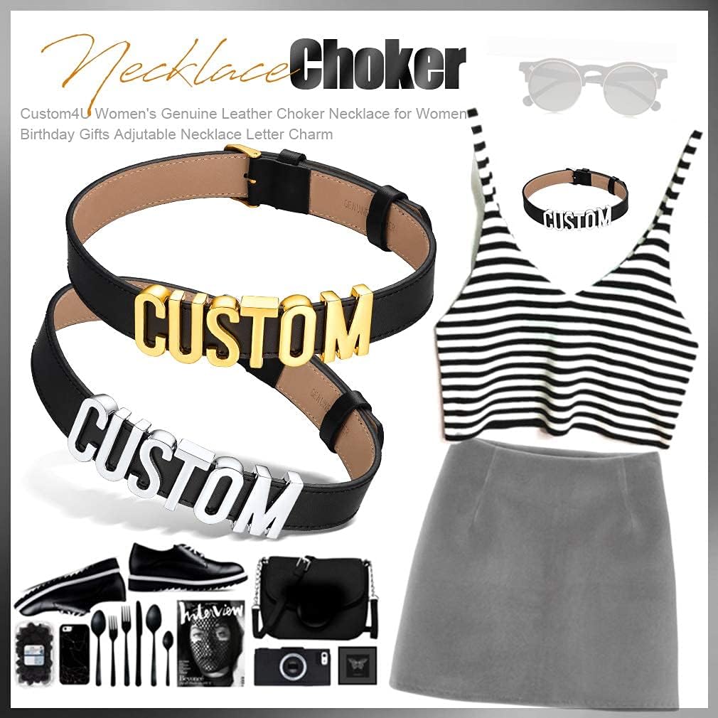 Custom4U Personalized Black Leather Choker Necklace with Picture/Name/Initials/Letters Charm,Custom Made Adjustable Choker Collar Gothic Punk Necklaces Jewelry Gifts for Women - Image 6