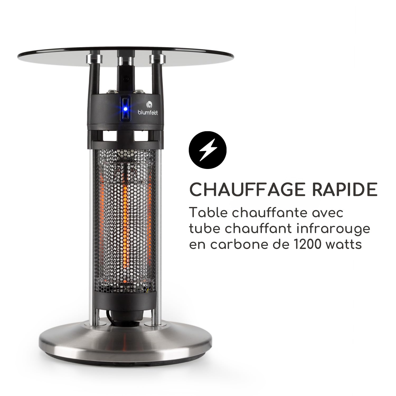 blumfeldt Primal Heat - Riscaldatore radiante da terra, Riscaldatore IR da tavolo alto, Radiatore a infrarossi da 1600 W, Sensori di prossimità a infrarossi, Altezza: 65 cm, Argento