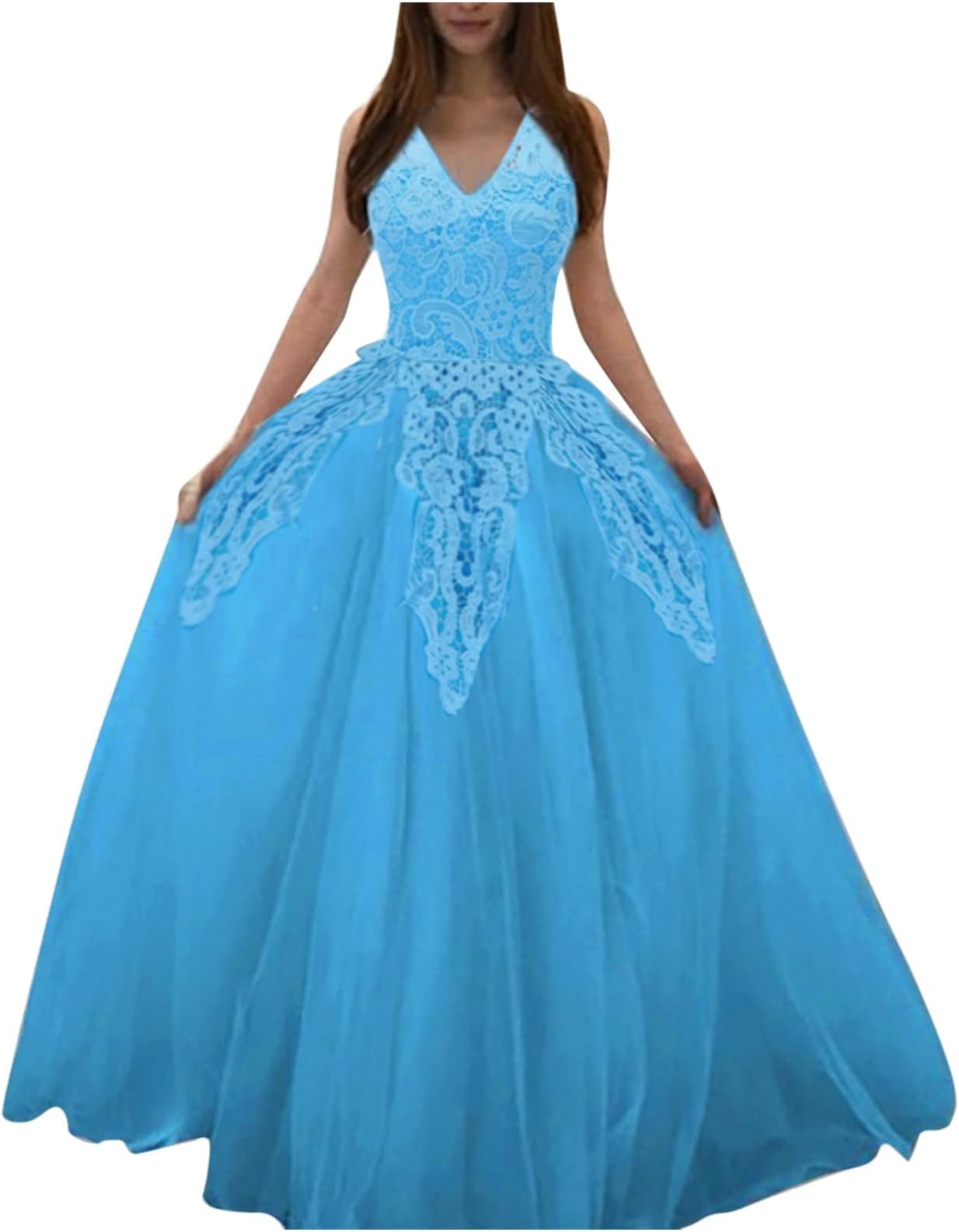 Women Fashion Floral Lace Wedding Elegant Chiffon Evening Party Dress Ball Gown,Women's Vintage Elegant Floral Lace Sleeveless Evening Prom Ball Gown Long Maxi Wedding Bridesmaid Dress (S, Blue)