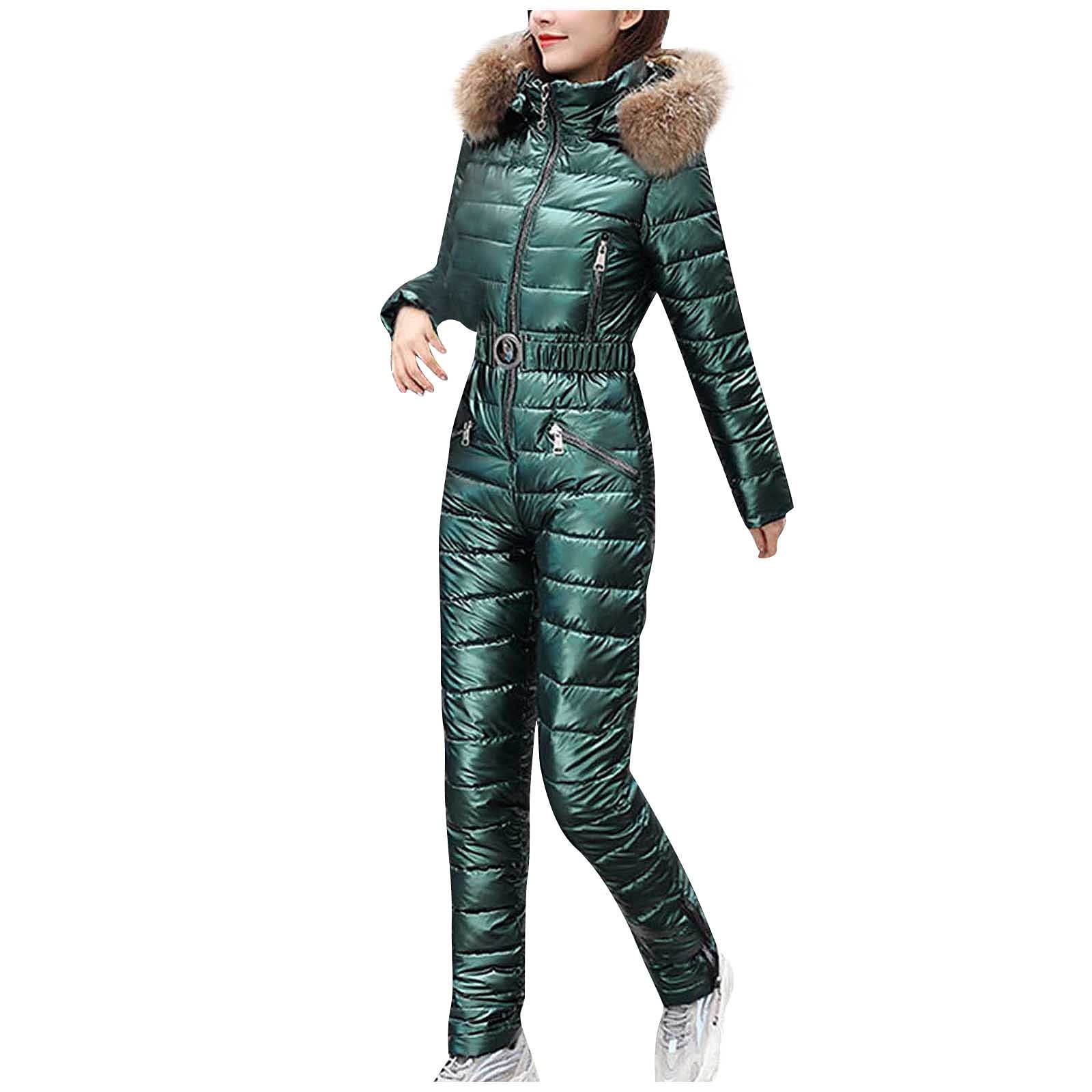 IQYU Tuta da sci da donna, tuta da neve, impermeabile, con cappuccio in pelliccia, giacca da snowboard, giacca da sci lunga, giacca da sci termica, giacca da neve calda, set da sci, Z verde, XXL