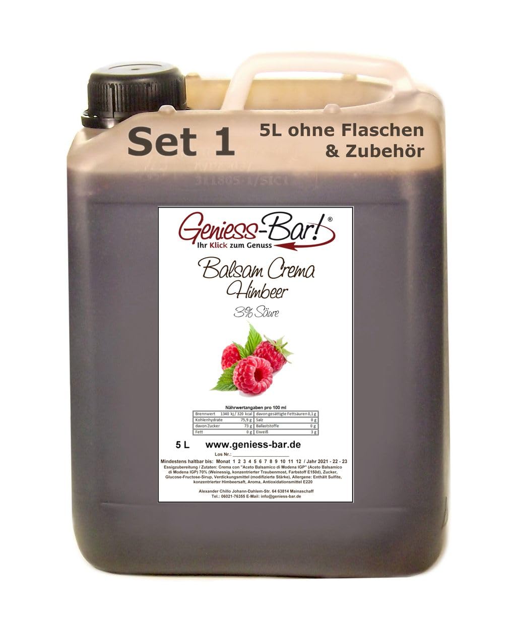 Geniess-Bar! Balsamico Creme Himbeer (5 Liter) - Premium Crema di Aceto Balsamico di Modena IGP mit 3% Säure