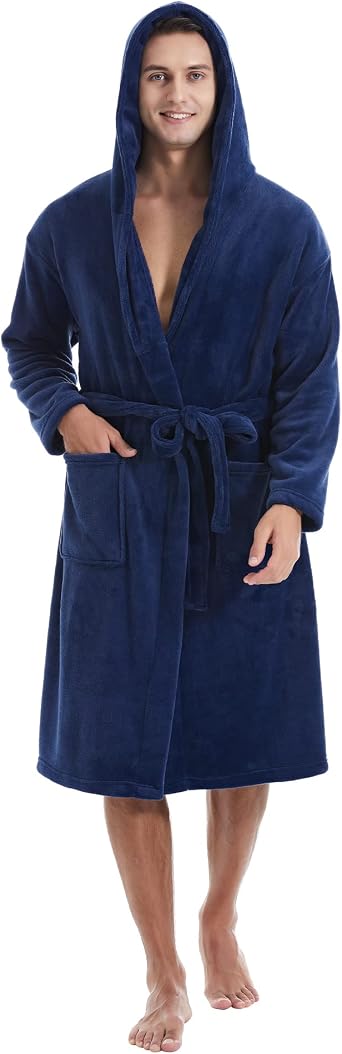 Yoimira Mens Robe with Hood Big and Tall Long Flannel Fleece Bathrobe with Pockets Winter Warm House Coat Spa Printed Design