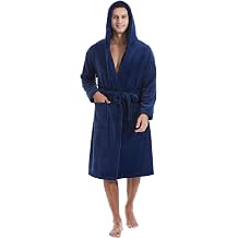 Yoimira Mens Robe with Hood Big and Tall Long Flannel Fleece Bathrobe with Pockets Winter Warm House Coat Spa Printed Design