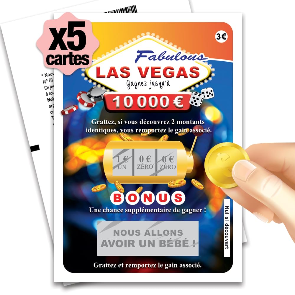 Cartes à Gratter Annonce Grossesse Lot de 5 - Tickets Surprise Style Loterie Las Vegas - Fabriqué en France