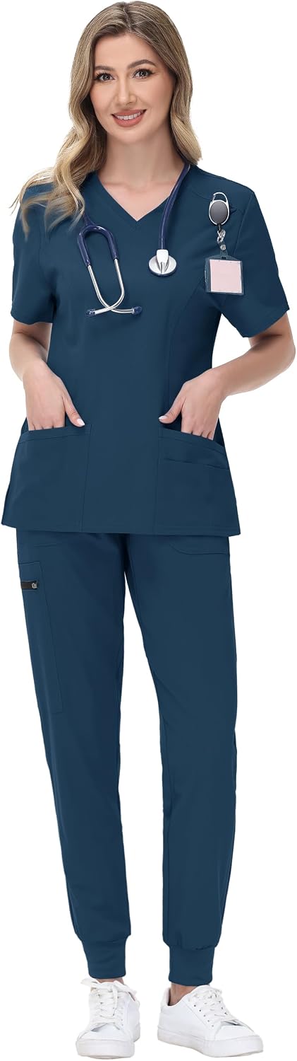 MIVEI Scrubs for Women Set Medical Uniform - Stretch V-Neck Top & 28" 30" Jogger Pant with 9 Pockets, Unisex Nurse Workwear