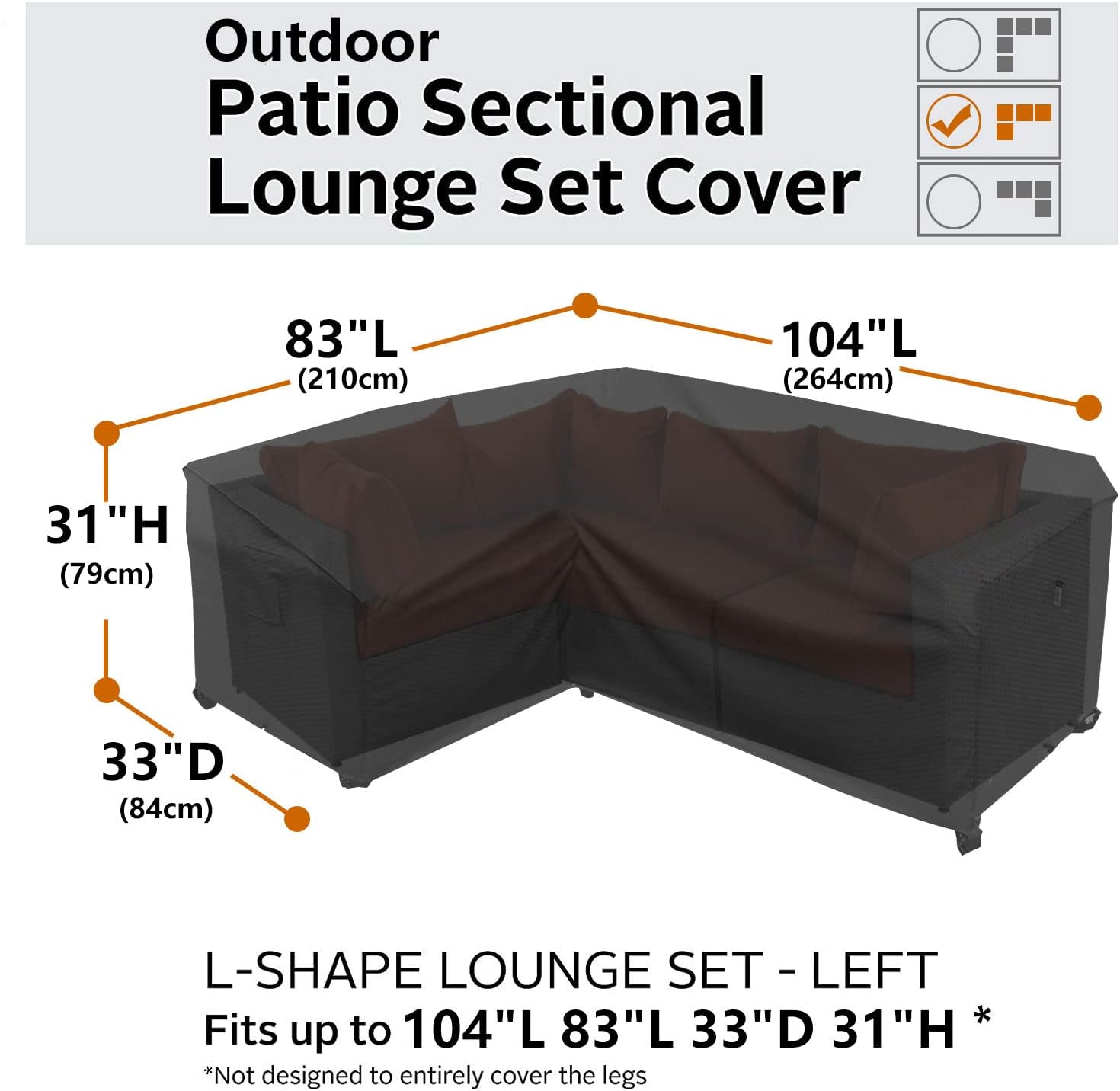 Heavy Duty Black Outdoor Sectional Cover, 83"x104" L Shaped Outdoor Couch Cover Bundles 96"(65") Curved Patio Furniture Cover,Lawn Patio Sectional Cover