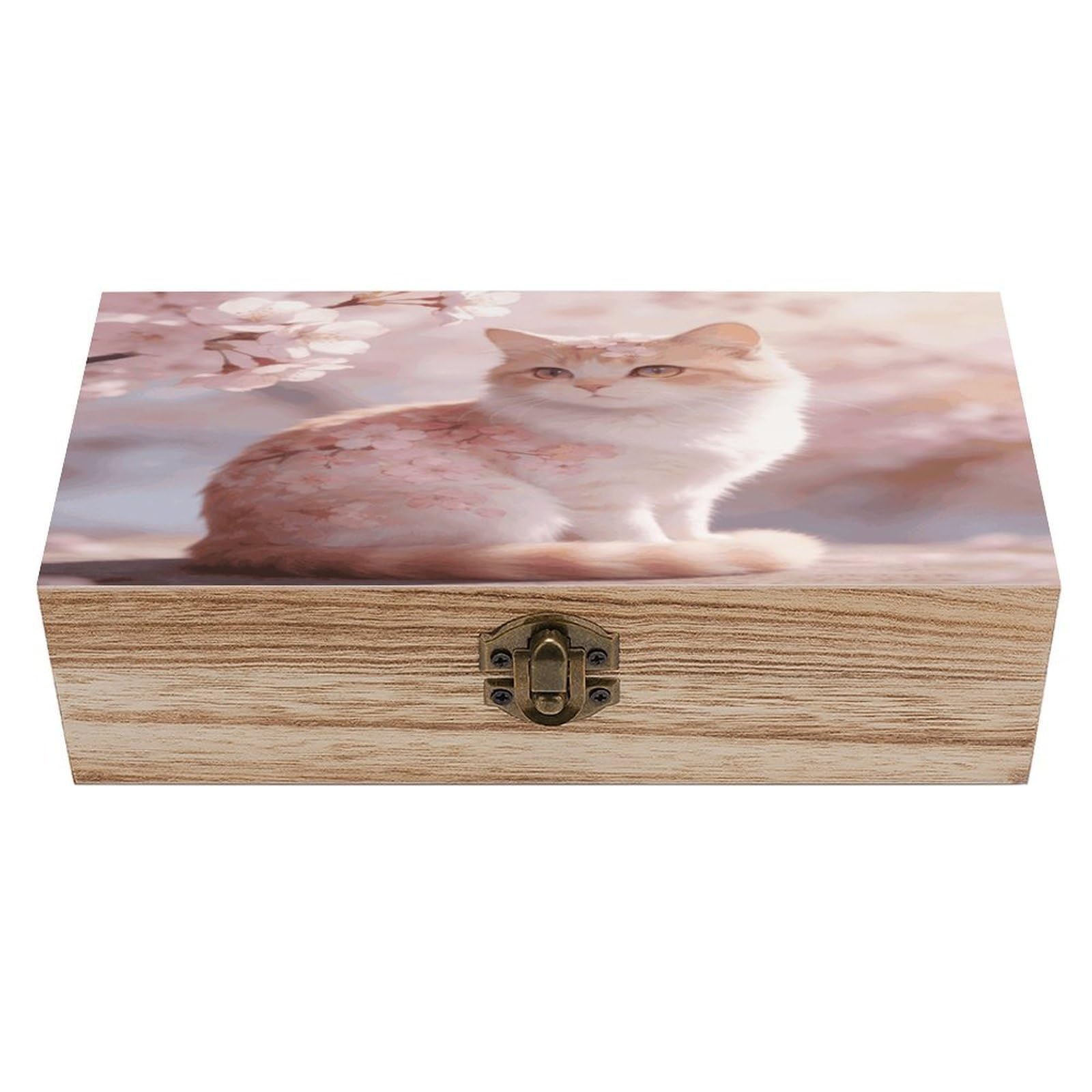 LZQPOEAS Pink Cherry Blossom Cat Wooden Keepsake Box Wooden Storage Box Container with Hinged Lid Beautiful Wood Memory Box Decorative Jewelry Case for Crafts Art Hobbies & Trinket Storage