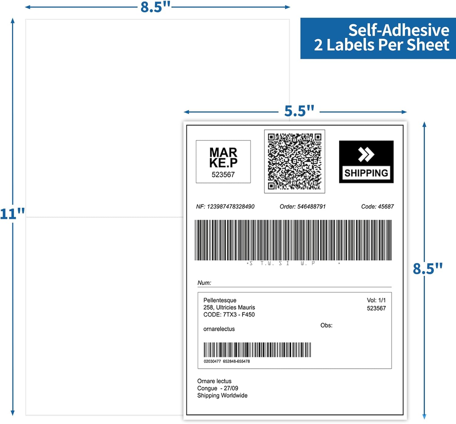 Half Sheet Shipping Labels - 200 Counts, 8.5” x 5.5” Self Adhesive Shipping Label White Internet Mailing Labels 2 Per Page, Laser & Inkjet Printer Compatible [100 Sheets 8.5” x 11”] - Image 2