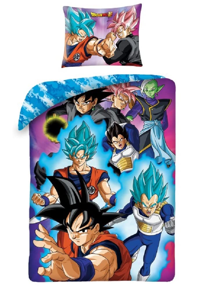 Halantex Juego de cama DRAGONBALL SUPER PROTAGONISTI Goku Vegeta Funda nórdica reversible 140 x 200 cm y funda de almohada 70 x 90 cm – Multicolor – 100% algodón, DB-1106BL