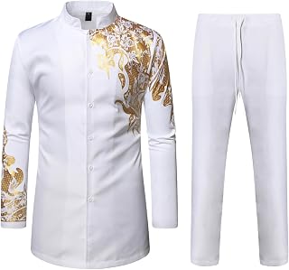 Men's Kente Print Suit Long Sleeve Button up African Dashiki Shirt and Pants Ethnic 2 Piece Outfit
