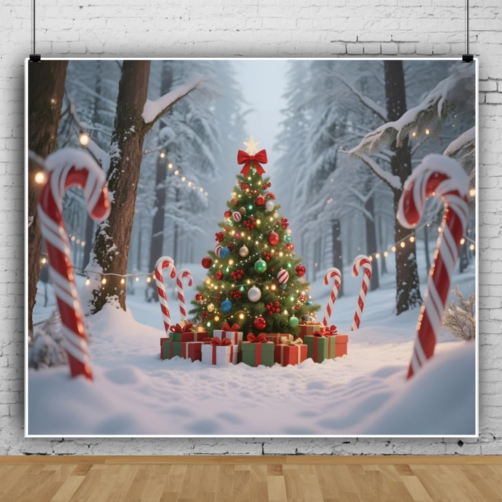 10x8ft Christmas Tree Backdrop Candy Cane Xmas Tree Snowy Forest Winter Photo Background Photography Candy Canes Backdrop White Christmas Props for Photoshoot New Years Holiday Birthday Decorations