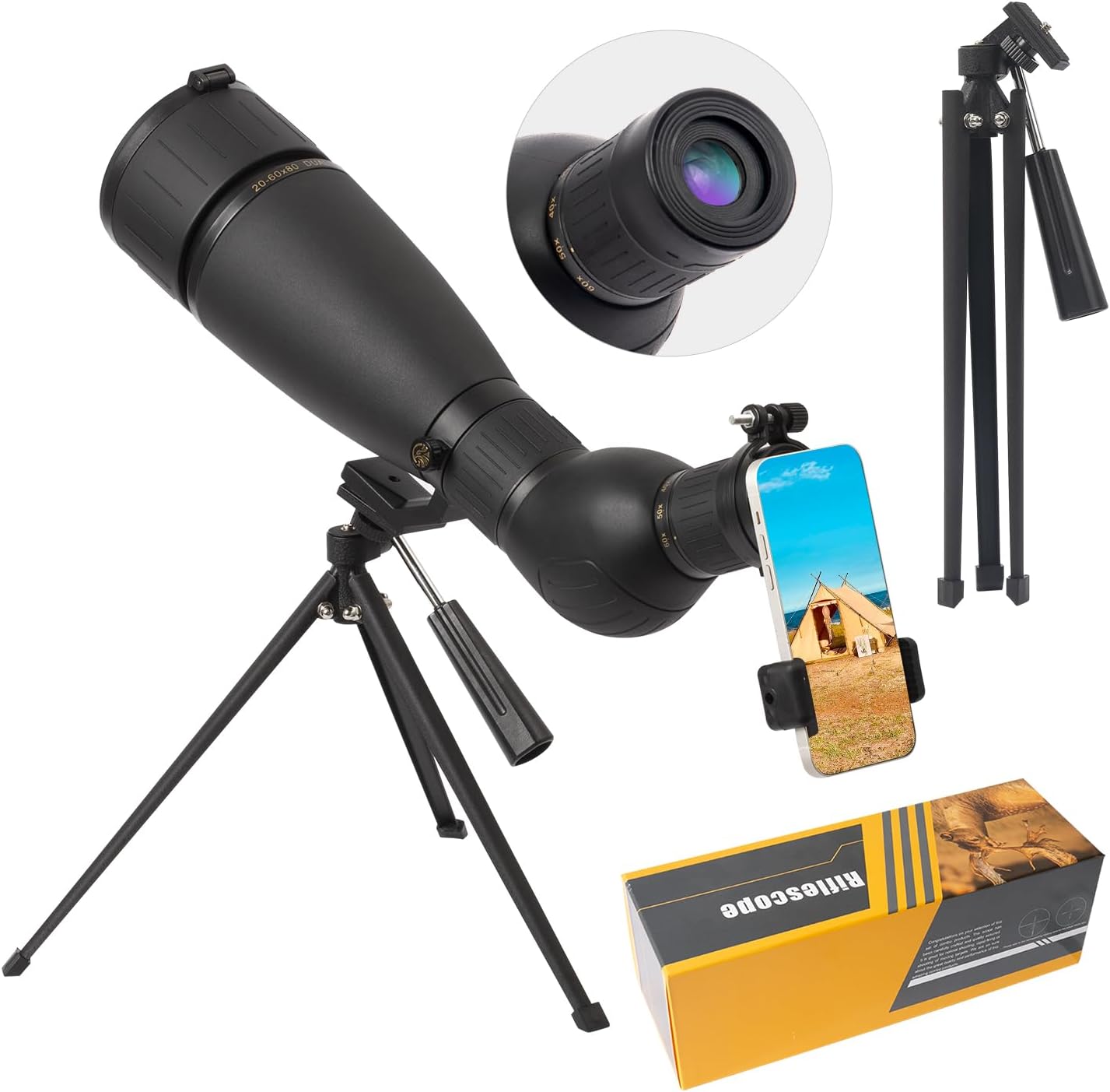 HD 20-60X80 Prism Silver-Plated Spoting Scope with Metal Tripod, Carry Bag, Phone Holder (Black)