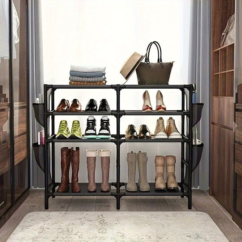 Shoe Rack with Pockets, Metal Black Space Saver Organizer Storage Shelf for 25-30 Pairs, 5-Tier Shoe Rack for Front Door Entryway, Hallway, Bedroom