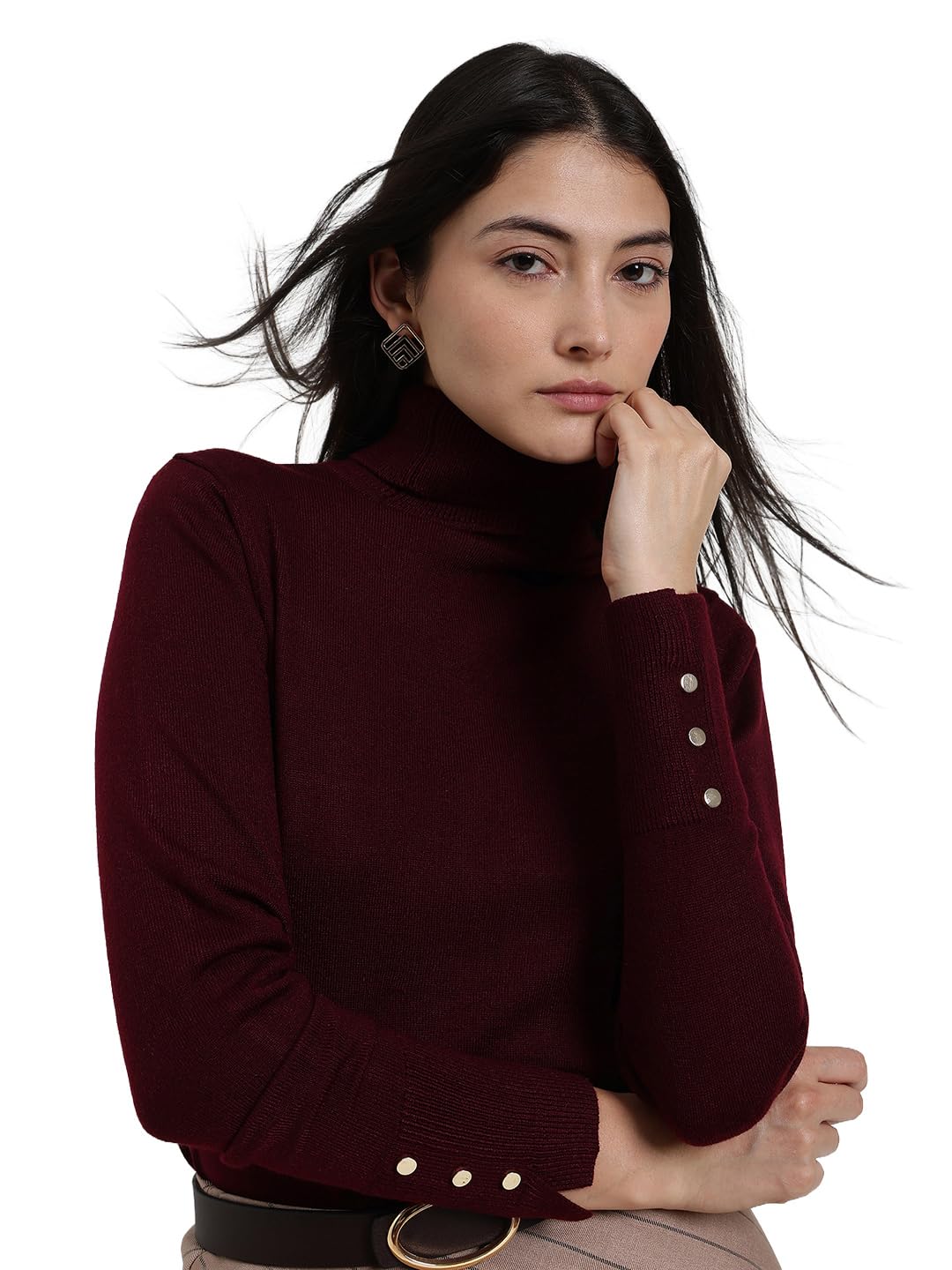 fablestreet Women's Pullover Sweater | Regular Fit Turtle Neck with Gold Button Detail | Soft Acrylic Fabric for Autumn & Winter Wear-picture-31