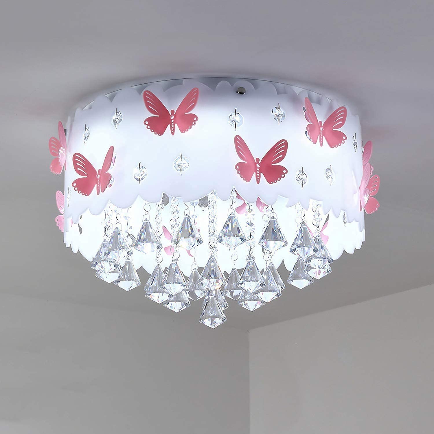 Plafoniera LED per cameretta per bambini, camera da letto, luce regolabile 3000 K - 6000 K con telecomando, bellissima lampada da soffitto con decorazione a farfalla rosa, lampadario in cristallo
