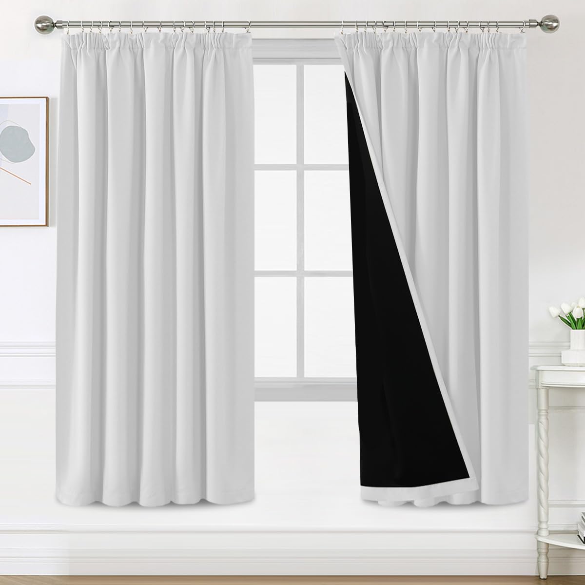 BellaHills 100% Blackout Curtains, Living Room Curtains, Thermal Insulated Blackout Curtain, Window Curtains with Pleats, Grey White, 2 Pieces, 140 x 225 cm OEKO-TEX STANDARD 100