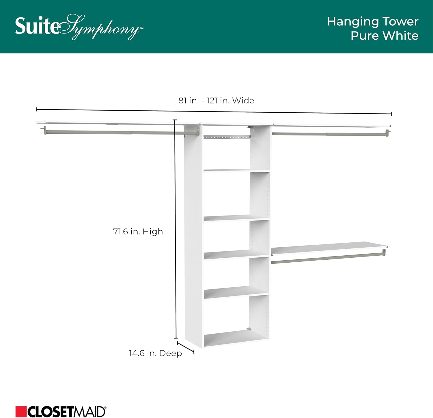 ClosetMaid SuiteSymphony Hanging Closet Kit Includes (1) Tower, (3) Closet Rods, (6) Shelves, and (3) Top Shelves w/Brackets, White