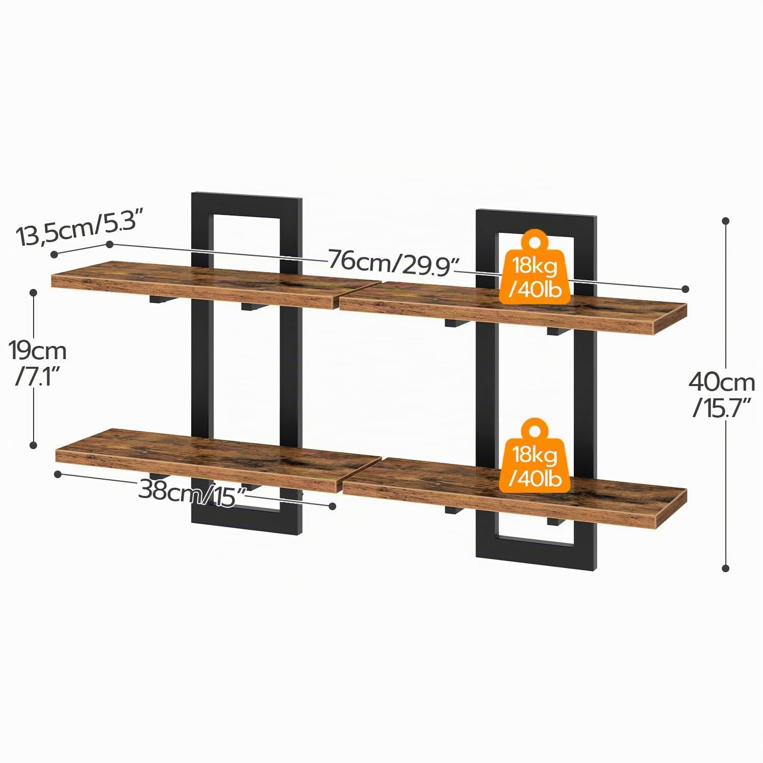 HOOBRO Mensola Sospesa, Set da 2 Mensole da 38 cm, Scaffale a Parete a 2 Livelli, Mensola Sospesa per Bagno, Adatto per Soggiorno, Camera da Letto, Bagno, Cucina, Marrone Vintage e Nero EBF32BJ01