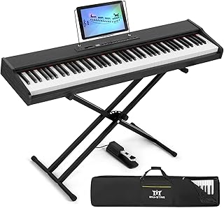 MUSTAR Piano digital con peso de 88 teclas con soporte, 88 teclas semi ponderadas MEP-900, teclado de piano eléctrico portátil 88 teclas con conexión Bluetooth, funda, pedal de sostenimiento, MDF,