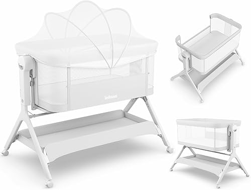 INFANS Cuna de bebé 5 en 1, cama mecedora mejorada con ruedas, cesta de almacenamiento, bolsa de viaje, mosquitera, altura ajustable, cuna portátil