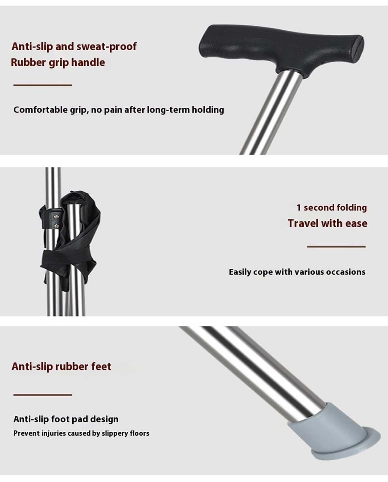 Canne pliante avec siège, canne légère 2 en 1 et tabouret de voyage portable, hauteur réglable pour une utilisation en extérieur, supporte 100 kg
